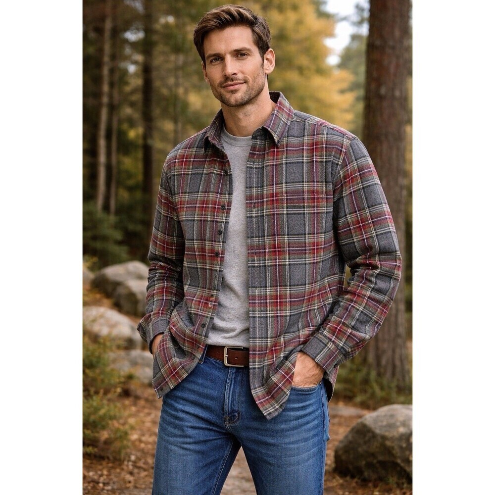 L.L.Bean Traditional Fit Plaid Flannel Button-Down Shirt Gray Red Green Men’s XL